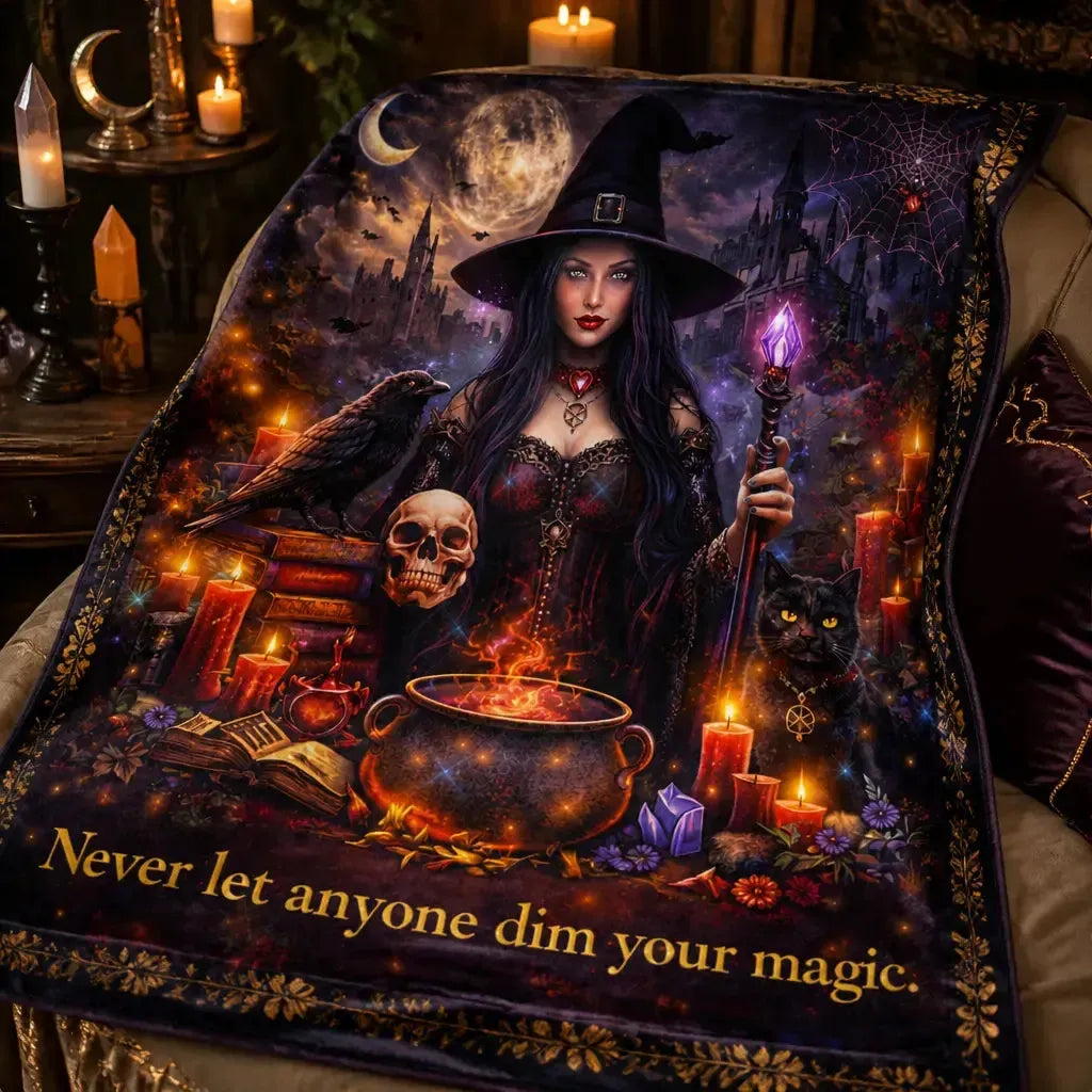 Gothic Witch Blanket With Black Cat. Skull. Raven Halloween Home Decor