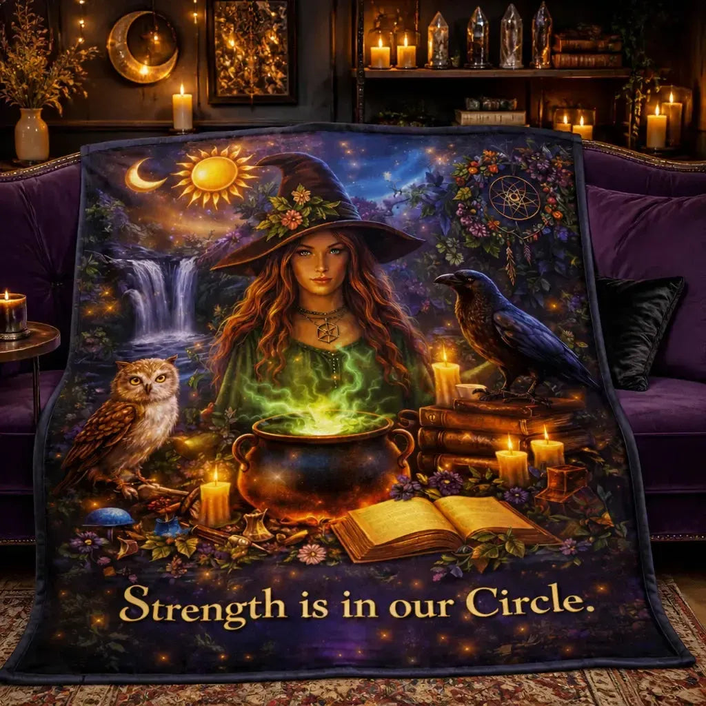 Mystic Witch with Raven. Owl Blanket for Pagan Samhain Halloween Decor