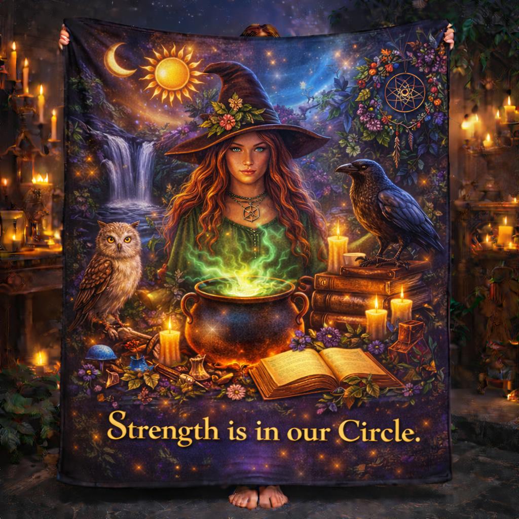 Mystic Witch with Raven. Owl Blanket for Pagan Samhain Halloween Decor