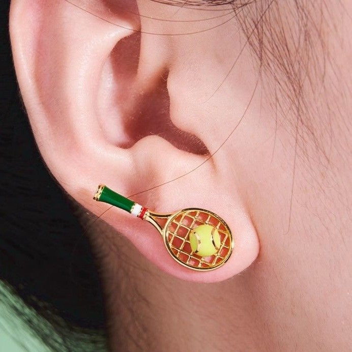 Match point pave tennis racket & ball stud earrings, set of 2