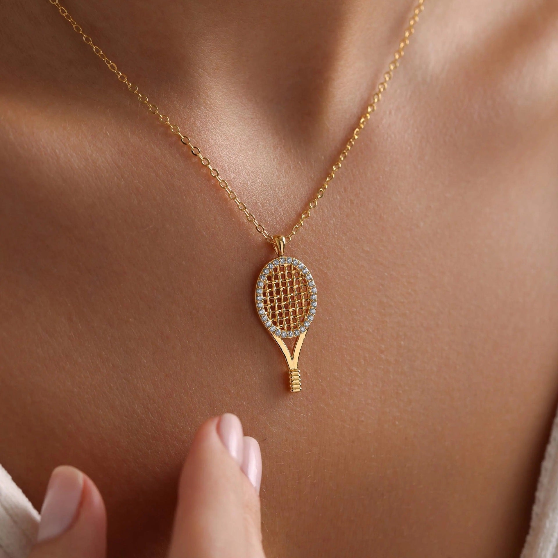 14k Rose Gold Filled 0.3CT Round Cut Simulated Diamond Tennis Racket Pendant & Necklace