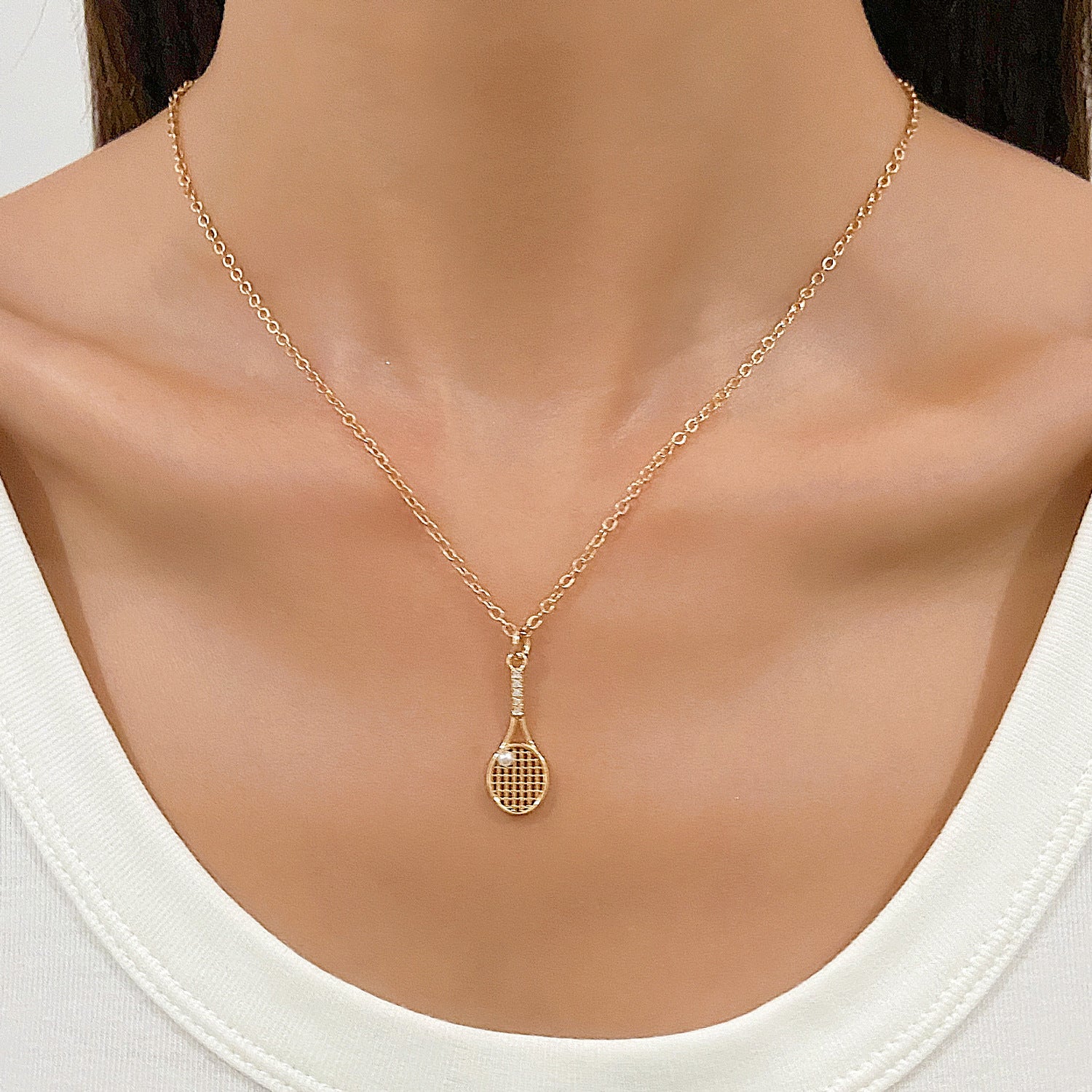 14K Solid Gold Racket Necklace, Tennis Racket Necklace