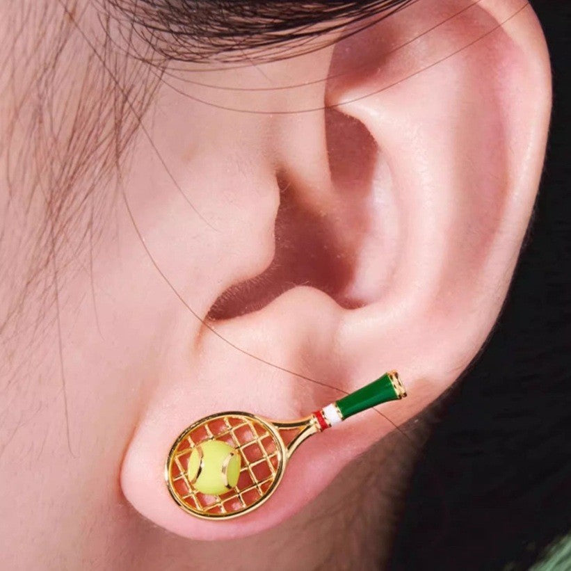Match point pave tennis racket & ball stud earrings, set of 2