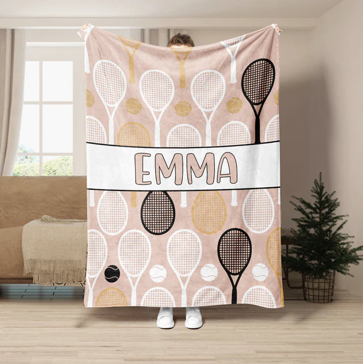 Personalized Tennis Girl Blanket, Custom Name Soft Cozy Sherpa Fleece Throw Blanket, Sport Gift for Mom, Wife, Daughter