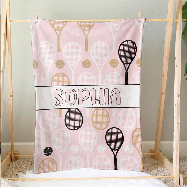 Personalized Tennis Girl Blanket, Custom Name Soft Cozy Sherpa Fleece Throw Blanket, Sport Gift for Mom, Wife, Daughter