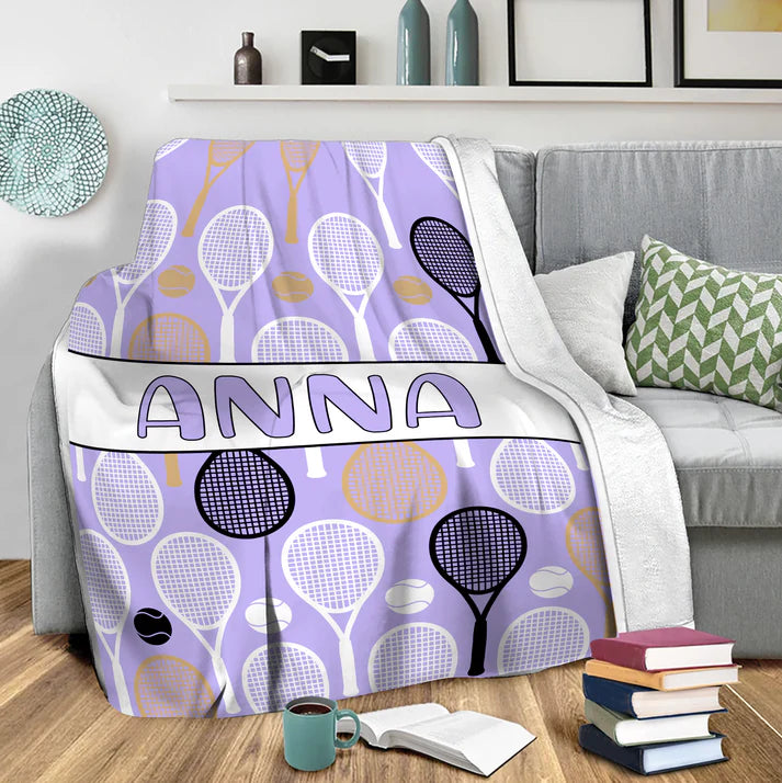 Personalized Tennis Girl Blanket, Custom Name Soft Cozy Sherpa Fleece Throw Blanket, Sport Gift for Mom, Wife, Daughter