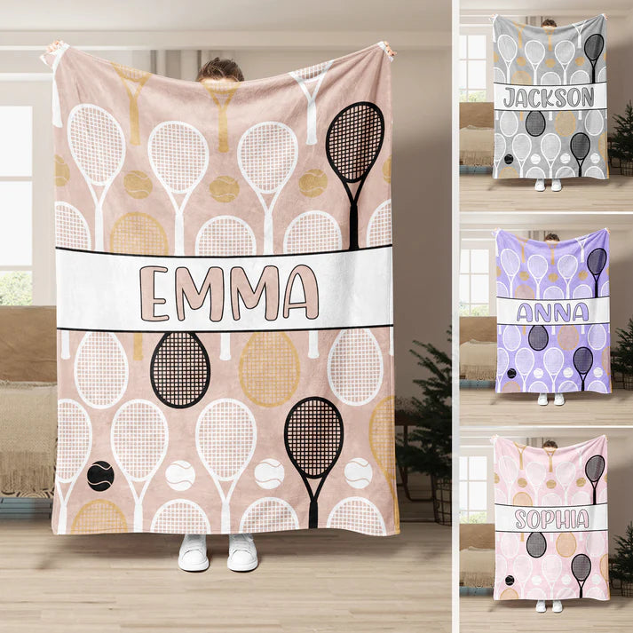 Personalized Tennis Girl Blanket, Custom Name Soft Cozy Sherpa Fleece Throw Blanket, Sport Gift for Mom, Wife, Daughter