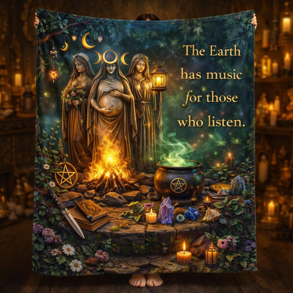 Pagan Triple Goddess Blanket with Mystical Elements for Wiccan