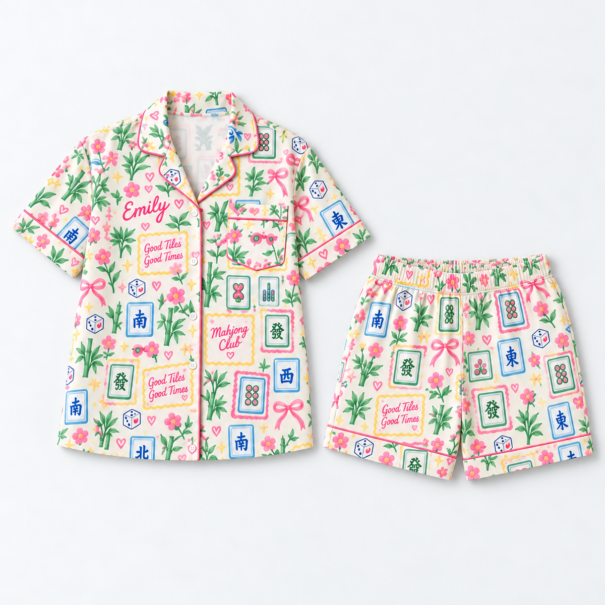 Women's Pajama Set: Mahjong Tile Floral Print, Long Sleeve Button-Up Sleepwear
