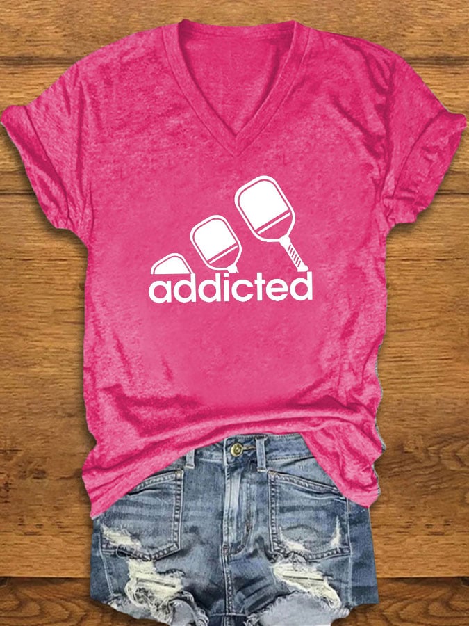 Women's funny pickleball "addicted" printed T-shirt