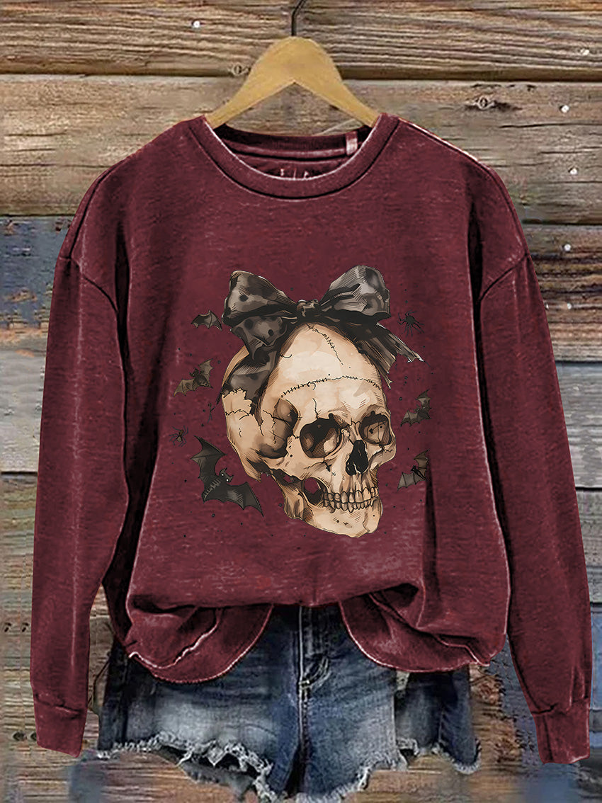 Halloween Skull Bow Casual Print Sweatshirt