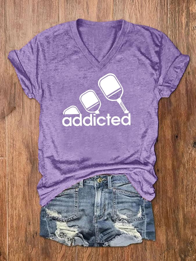 Women's funny pickleball "addicted" printed T-shirt