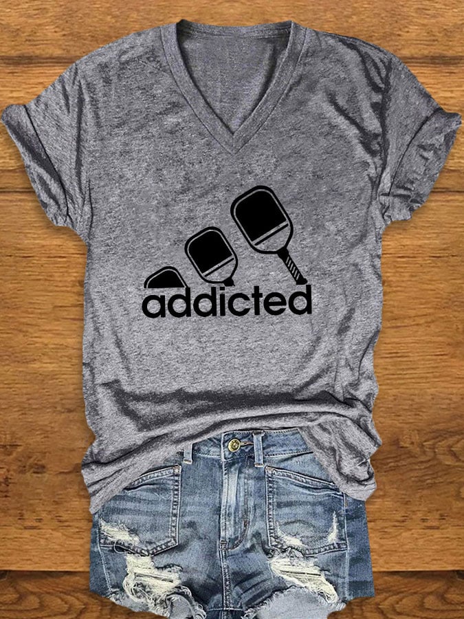 Women's funny pickleball "addicted" printed T-shirt