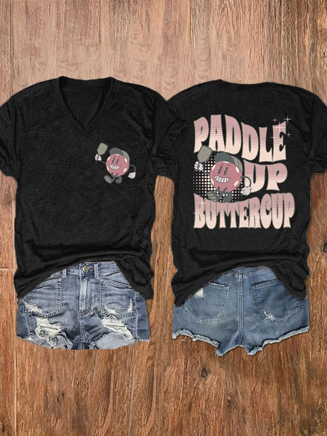Women's Pickleball Paddle Up Buttercup Print V-Neck T-Shirt