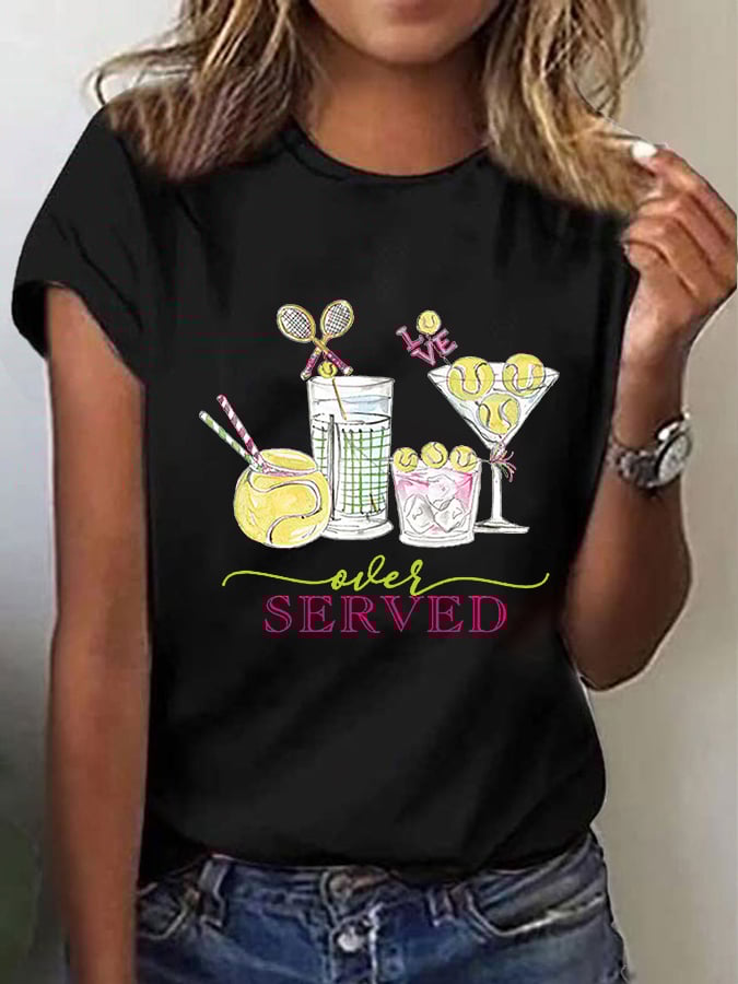 Women's Funny Tennis Tennis Drinks Printed Casual Tee