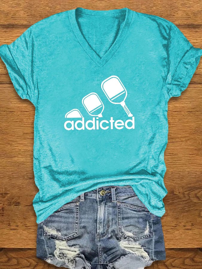 Women's funny pickleball "addicted" printed T-shirt