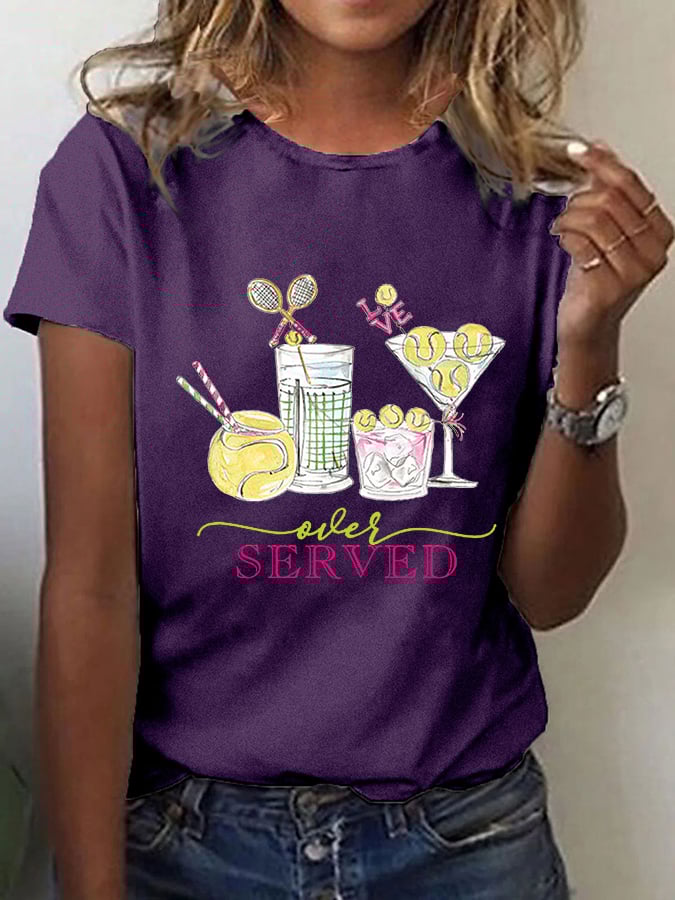 Women's Funny Tennis Tennis Drinks Printed Casual Tee