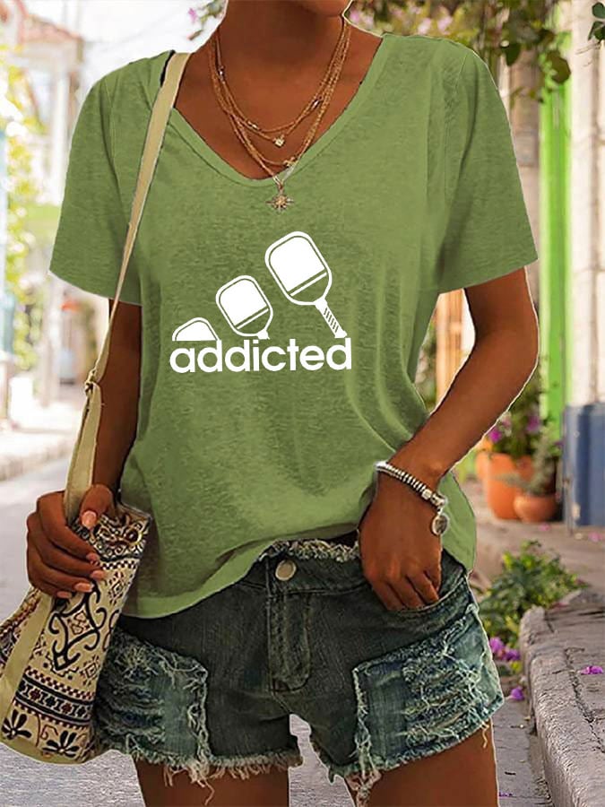 Women's funny pickleball "addicted" printed V-neck T-shirt