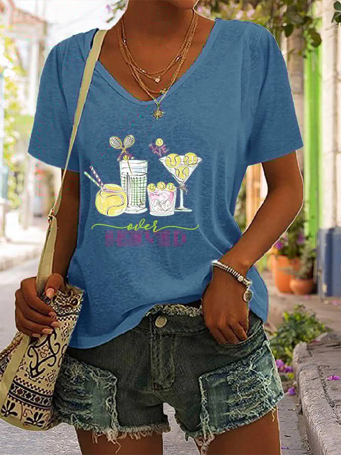 Women's Funny Tennis Tennis Drinks Tennis Lover Print V-neck T-Shirt