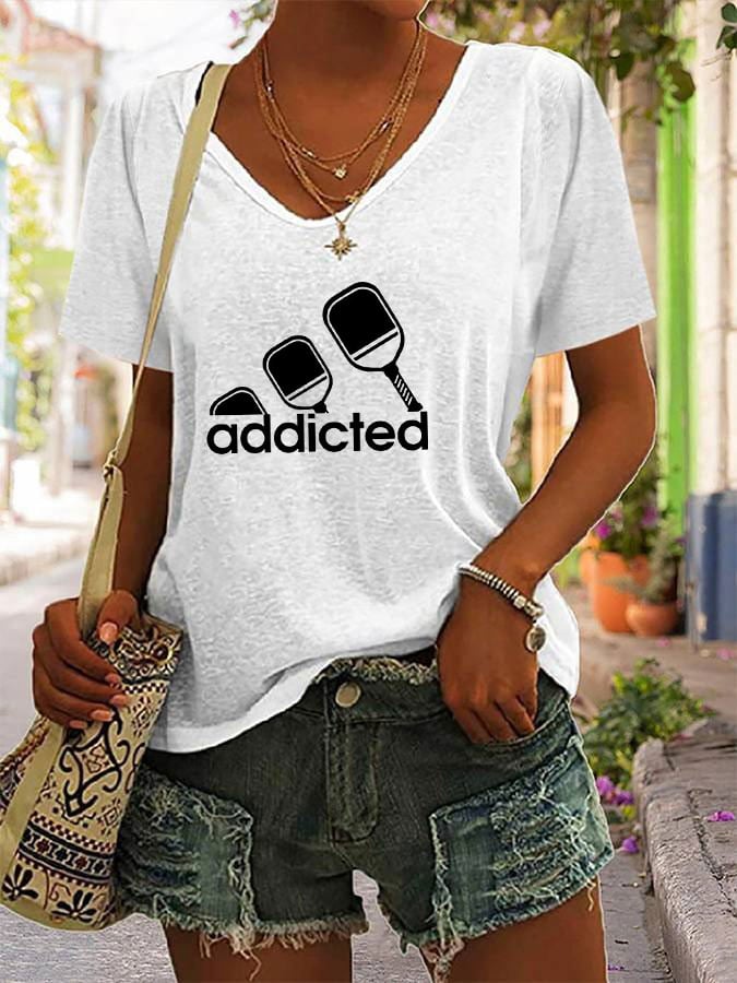 Women's funny pickleball "addicted" printed V-neck T-shirt