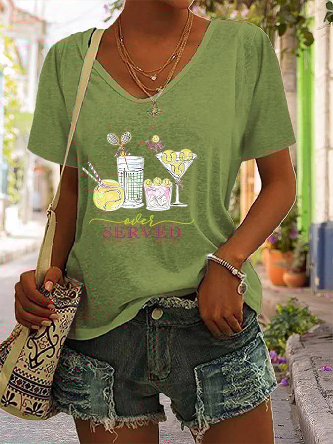 Women's Funny Tennis Tennis Drinks Tennis Lover Print V-neck T-Shirt