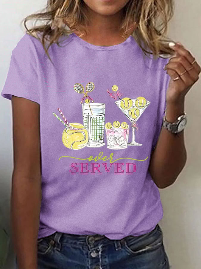 Women's Funny Tennis Tennis Drinks Printed Casual Tee