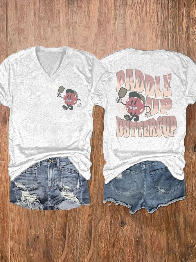 Women's Pickleball Paddle Up Buttercup Print V-Neck T-Shirt