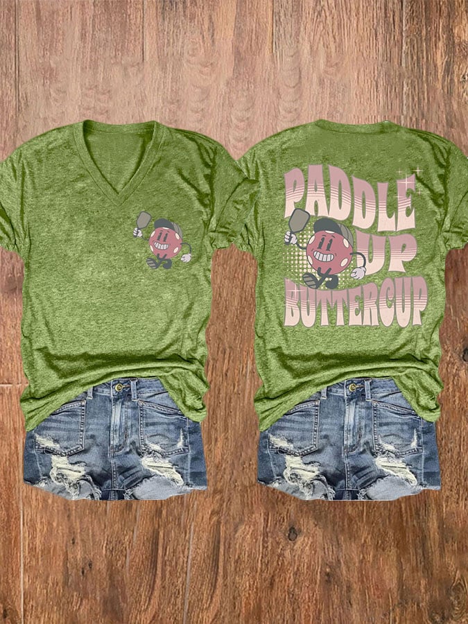 Women's Pickleball Paddle Up Buttercup Print V-Neck T-Shirt