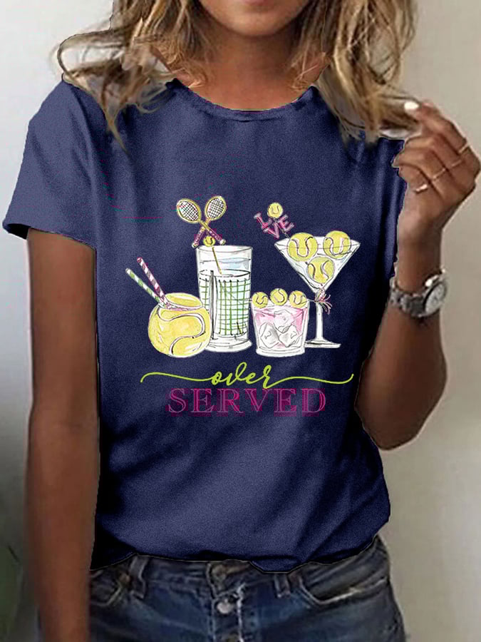 Women's Funny Tennis Tennis Drinks Printed Casual Tee