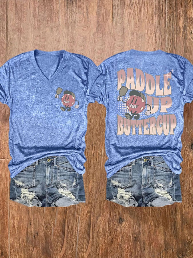 Women's Pickleball Paddle Up Buttercup Print V-Neck T-Shirt