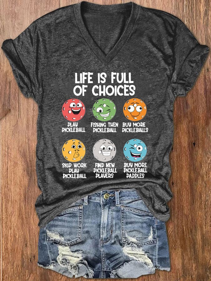 Women's Pickleball Lover Printed V-Neck T-Shirt