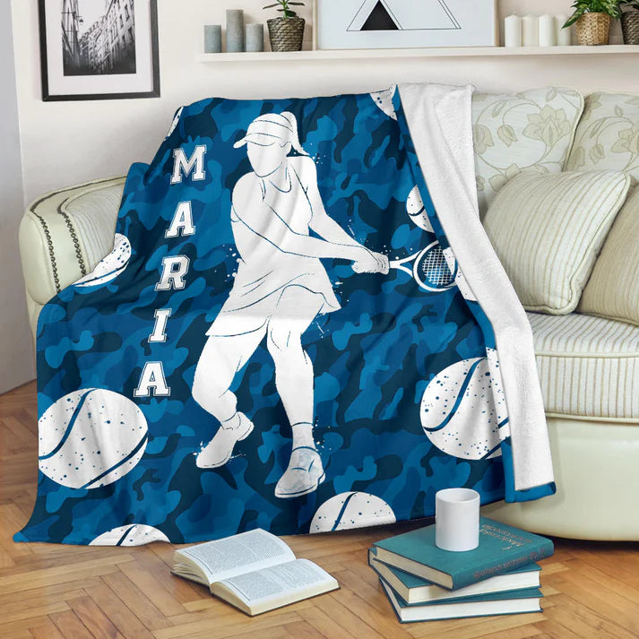 Personalized Tennis Blanket, Tennis Blue Camo Girl Player For Fan Lovers Sherpa Fleece Blanket, Custom Name Soft Cozy Plush Throw Blanket