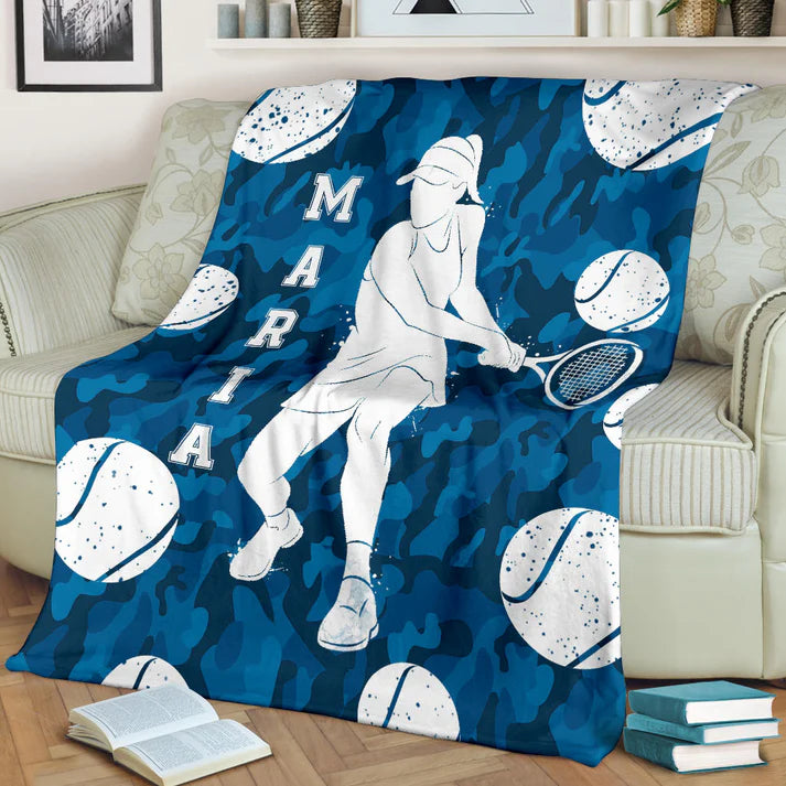 Personalized Tennis Blanket, Tennis Blue Camo Girl Player For Fan Lovers Sherpa Fleece Blanket, Custom Name Soft Cozy Plush Throw Blanket