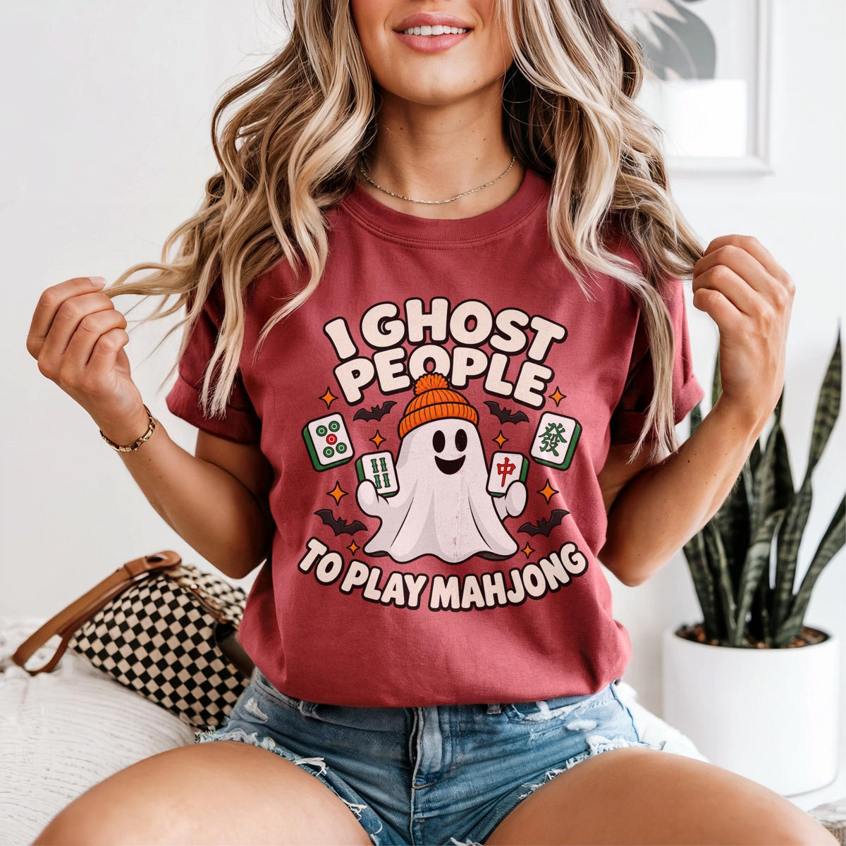 I Ghost People to Play Mahjong,Comfort Colors Ghost Mahjong Halloween T-Shirt