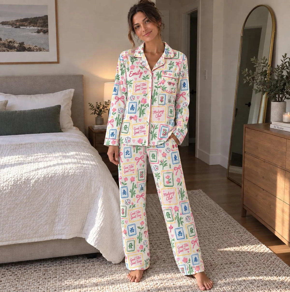 Women's Pajama Set: Mahjong Tile Floral Print, Long Sleeve Button-Up Sleepwear