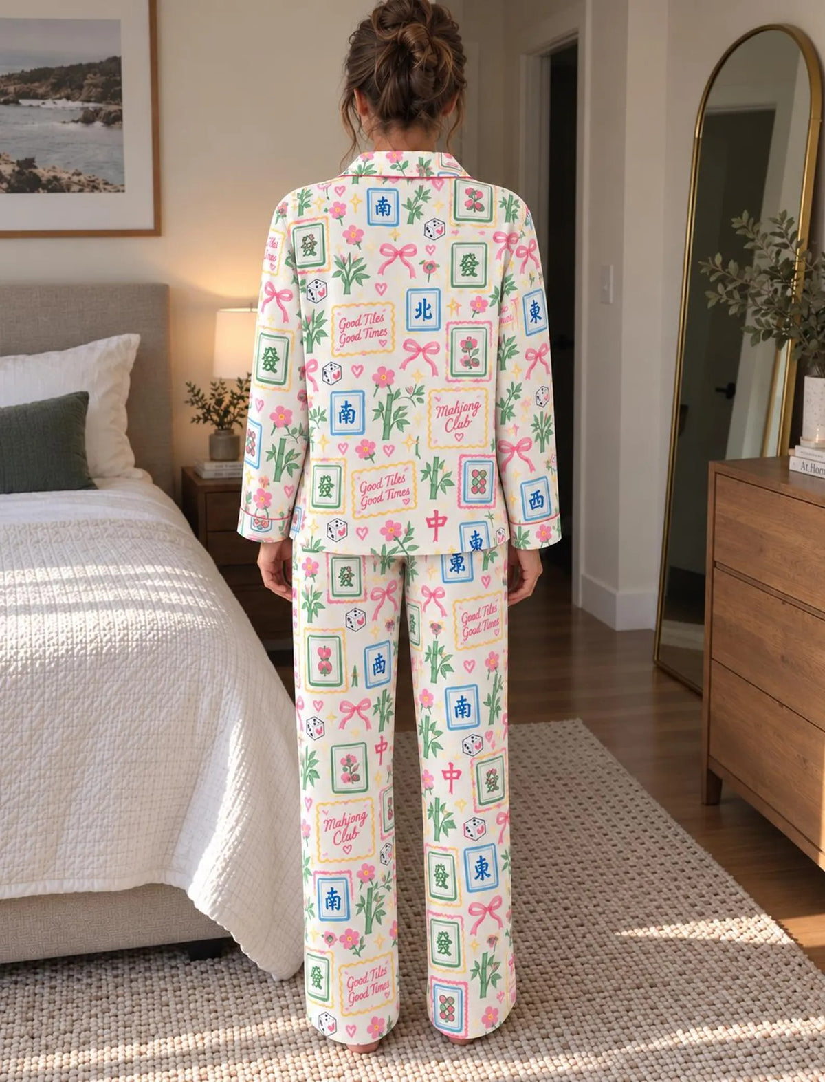 Women's Pajama Set: Mahjong Tile Floral Print, Long Sleeve Button-Up Sleepwear