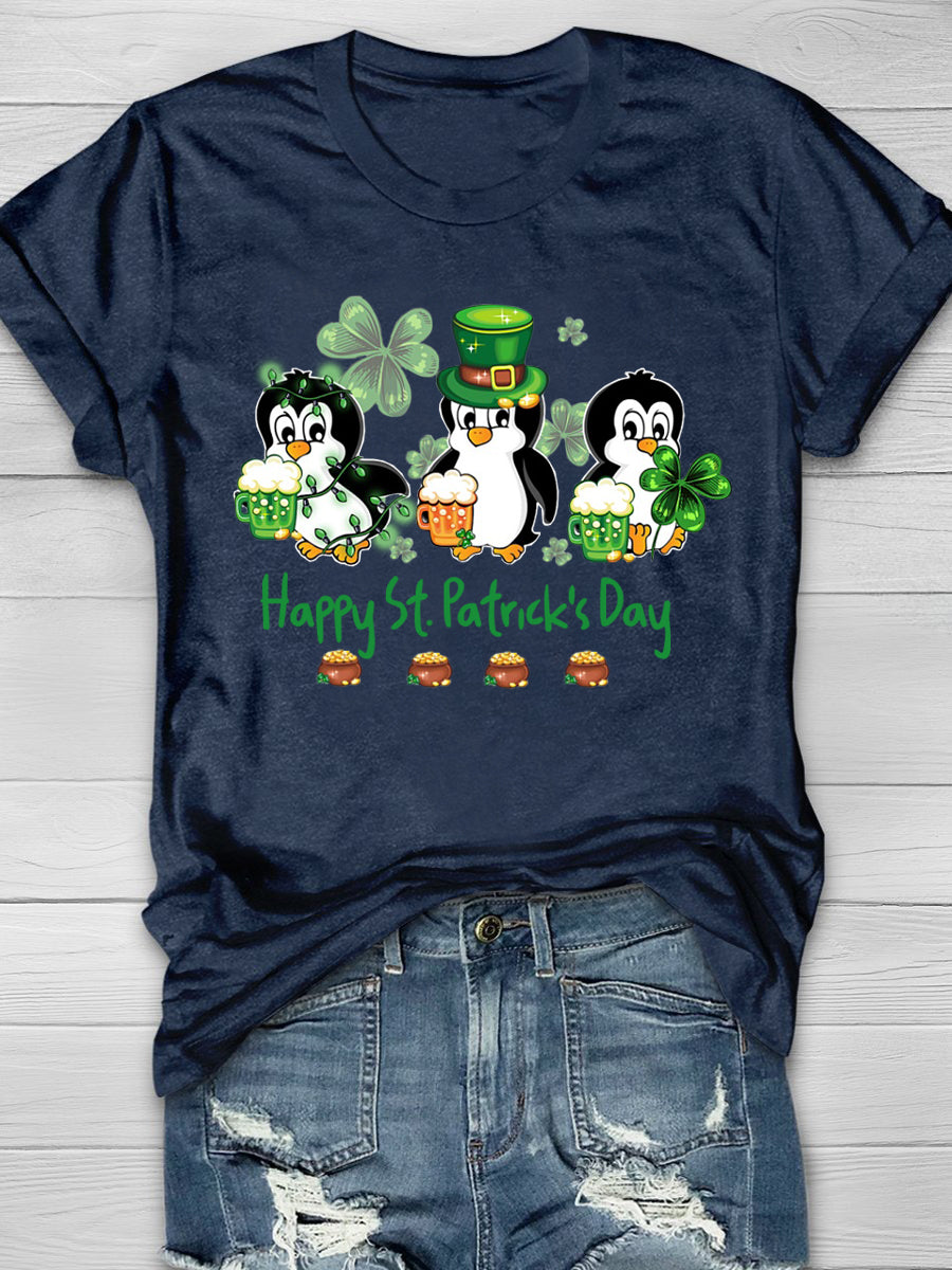Penguin Drinking Team Happy St Patrick's Day Short Sleeve T-shirt
