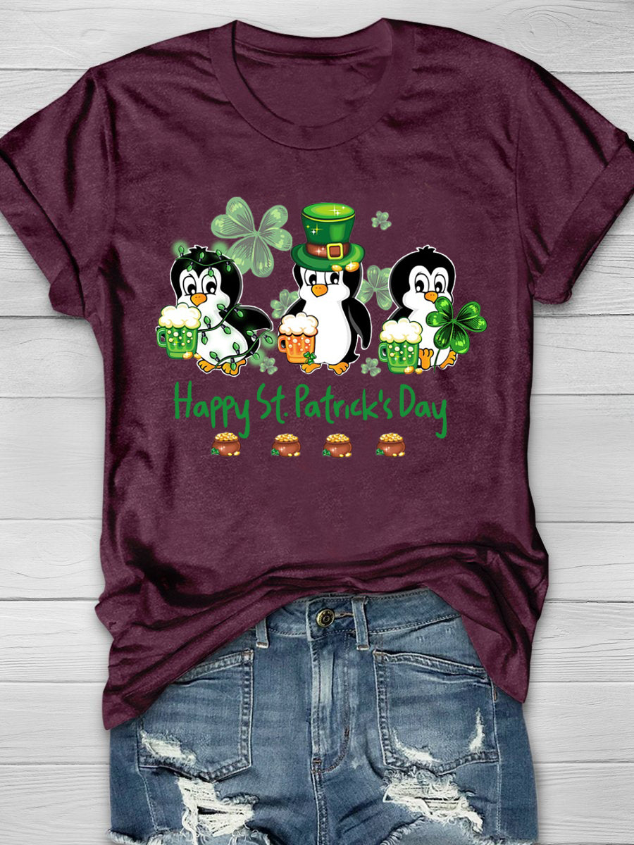 Penguin Drinking Team Happy St Patrick's Day Short Sleeve T-shirt