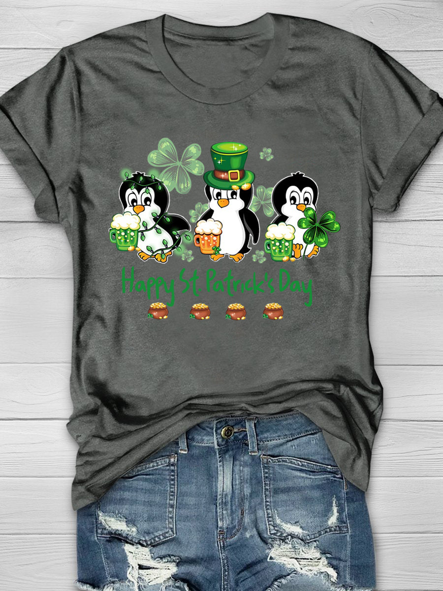 Penguin Drinking Team Happy St Patrick's Day Short Sleeve T-shirt