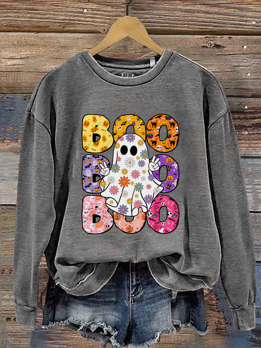 Boo Halloween Ghost Floral Halloween Casual Print Sweatshirt