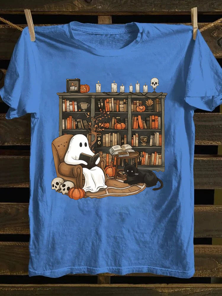 Retro Ghost Reading Books ，Librarian Ghost T-Shirt
