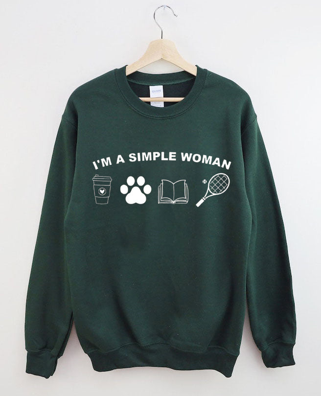 I Am A Simple Woman Shirt, Coffee Dog Book Tennis Girl Sweatshirt