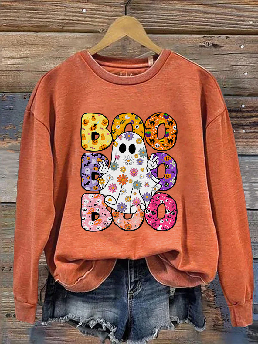 Boo Halloween Ghost Floral Halloween Casual Print Sweatshirt