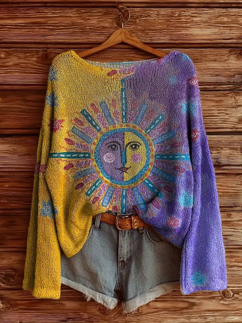 Women's Bohemian 3D Digital Print Sweater - Oversized Loose Fit Long Sleeve Pullover with Ruffled Hem & High Neck
