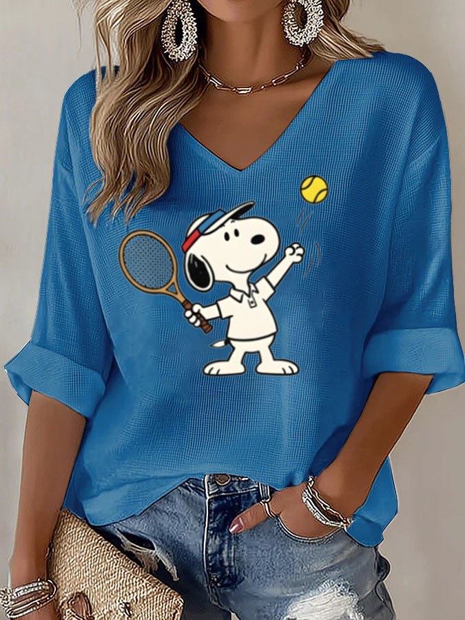 V-Neck Snoopy Tennis Mid-Sleeve Top