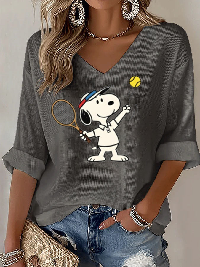 V-Neck Snoopy Tennis Mid-Sleeve Top