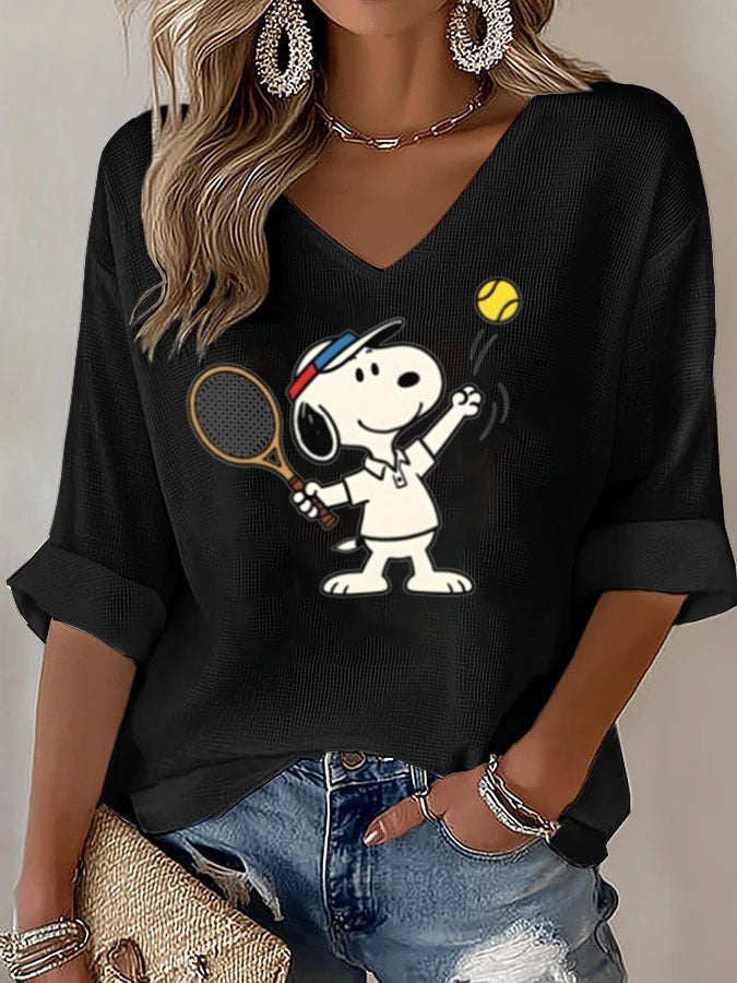 V-Neck Snoopy Tennis Mid-Sleeve Top