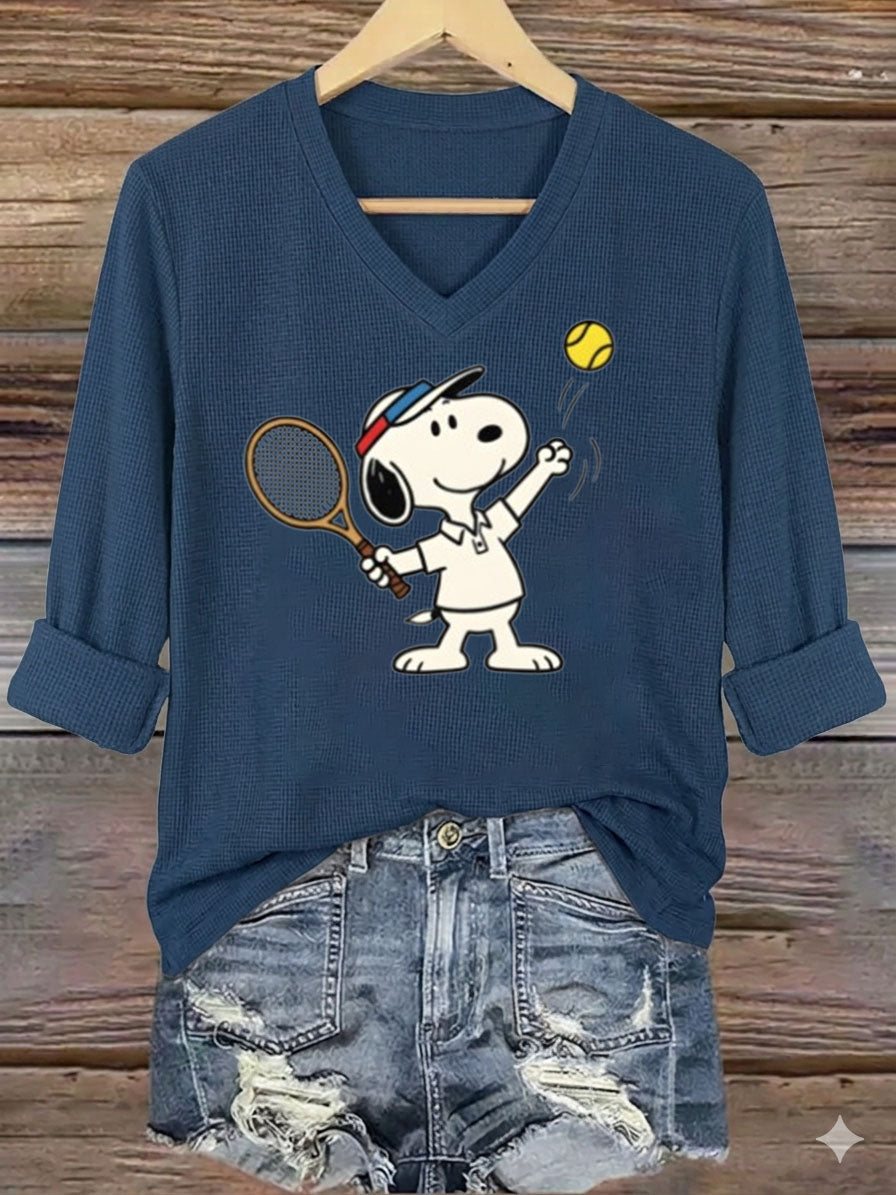V-Neck Snoopy Tennis Mid-Sleeve Top