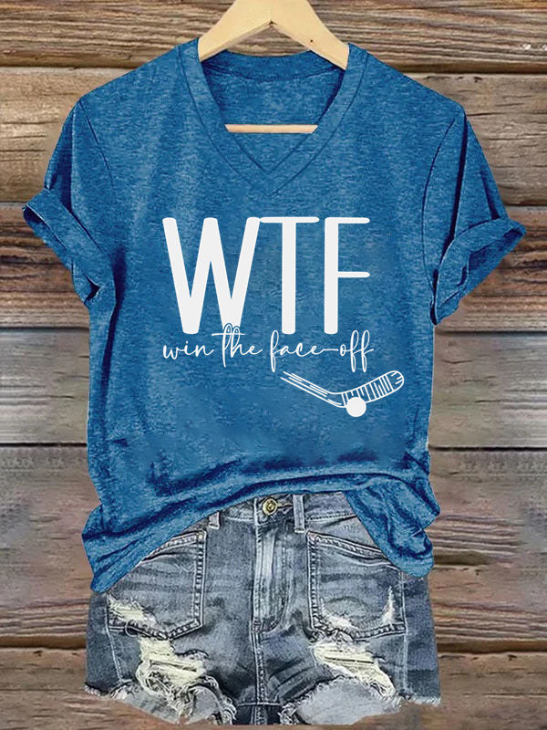 V Neck WTF Win Face-Off Hockey T-shirt