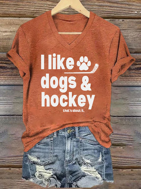 V Neck I Like Dogs And Hockey T-shirt